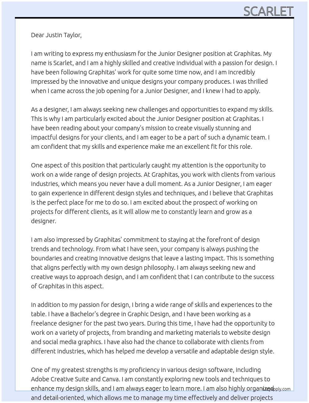Junior Designer At Graphitas Cover Letter