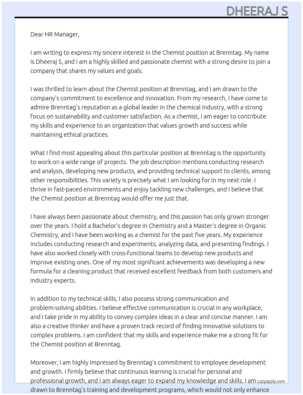 Chemist  At Brenntag  Cover Letter