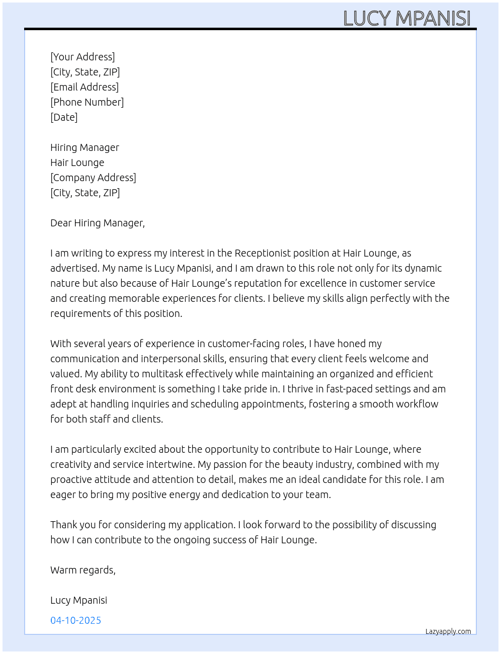 Receptionist  At Hair lounge Cover Letter