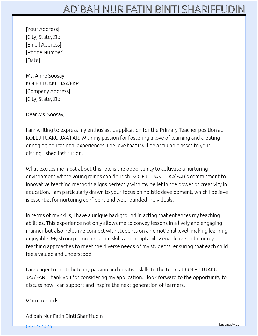 Primary Teacher At KOLEJ TUAKU JAA'FAR Cover Letter