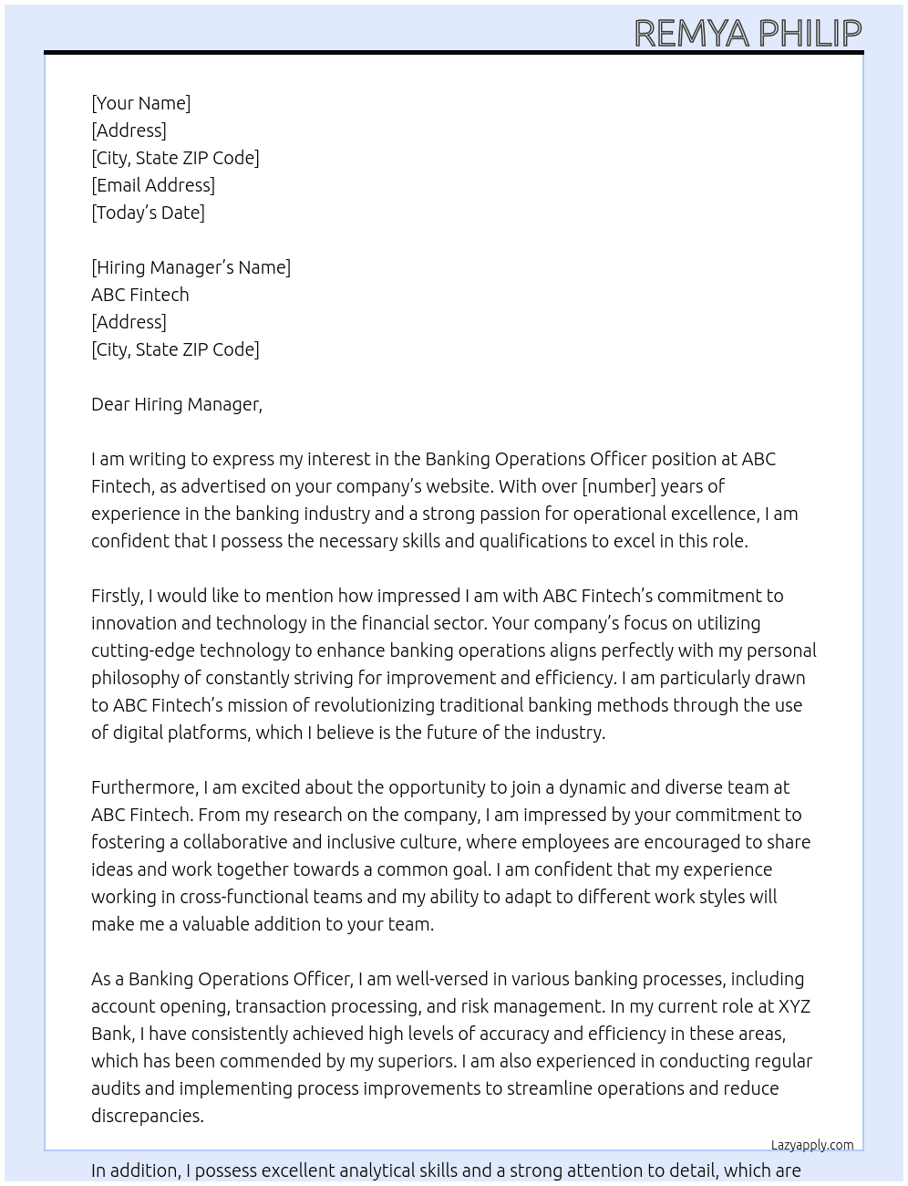 Banking Operations Officer At ABC fintech Cover Letter
