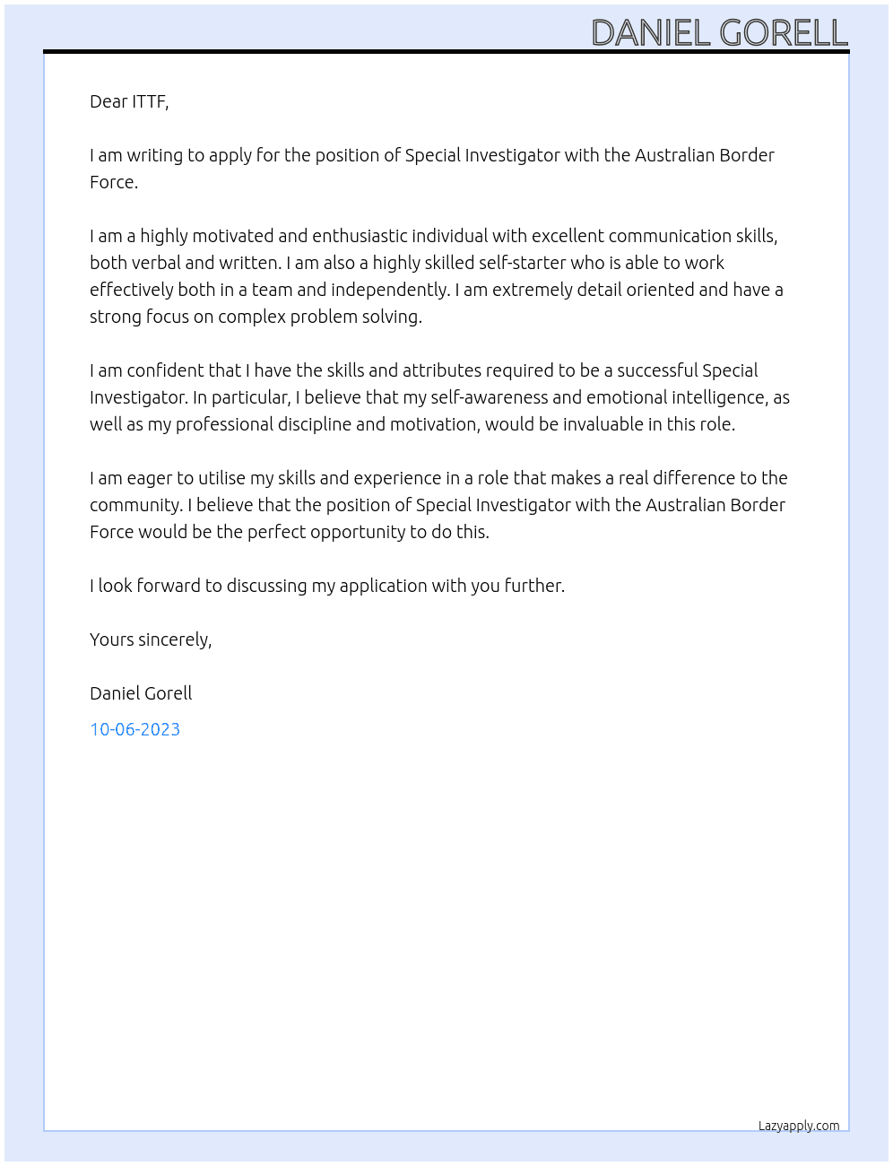 Special Investigator At Australian Border Force Cover Letter