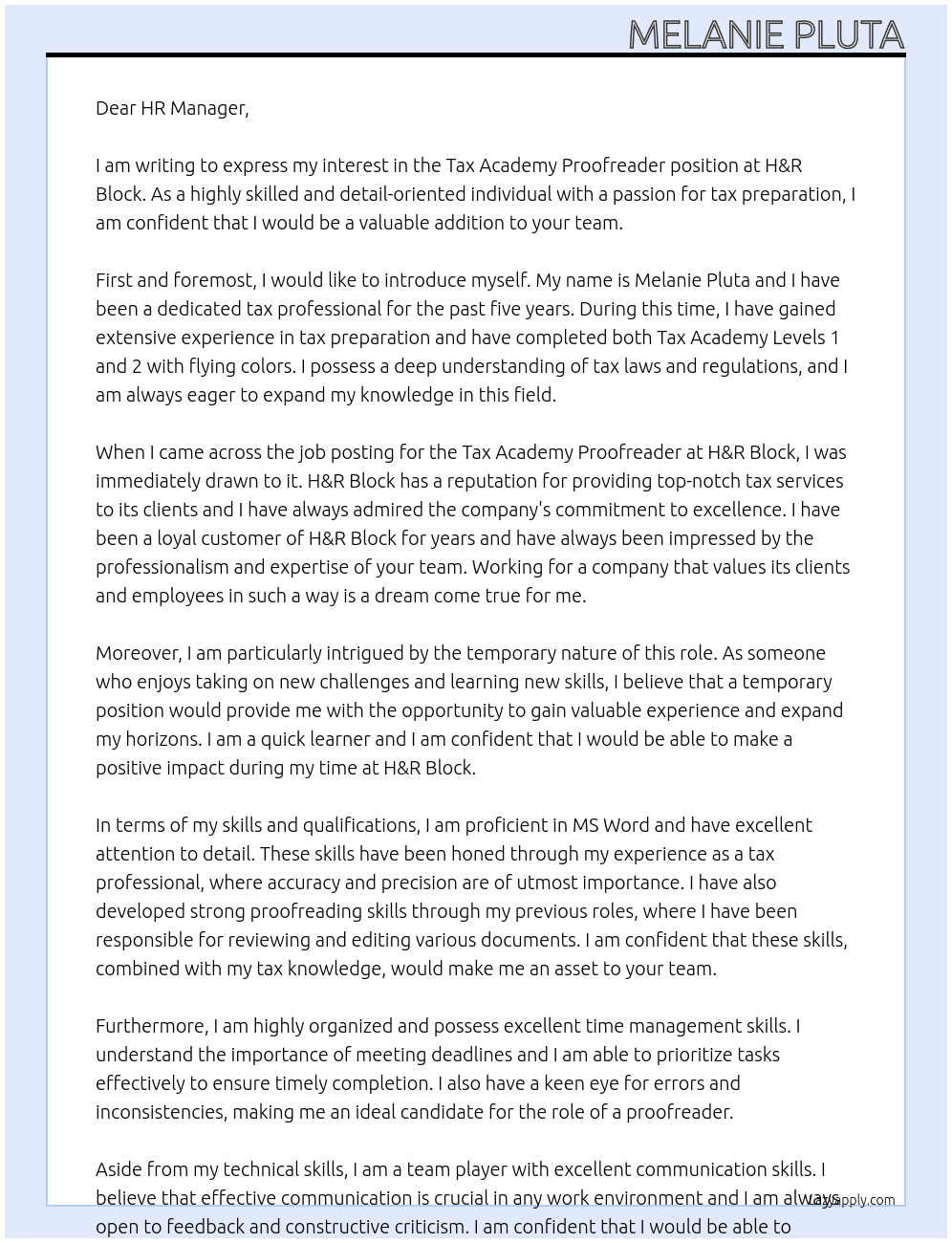 Tax Academy Proofreader At H&R Block Cover Letter