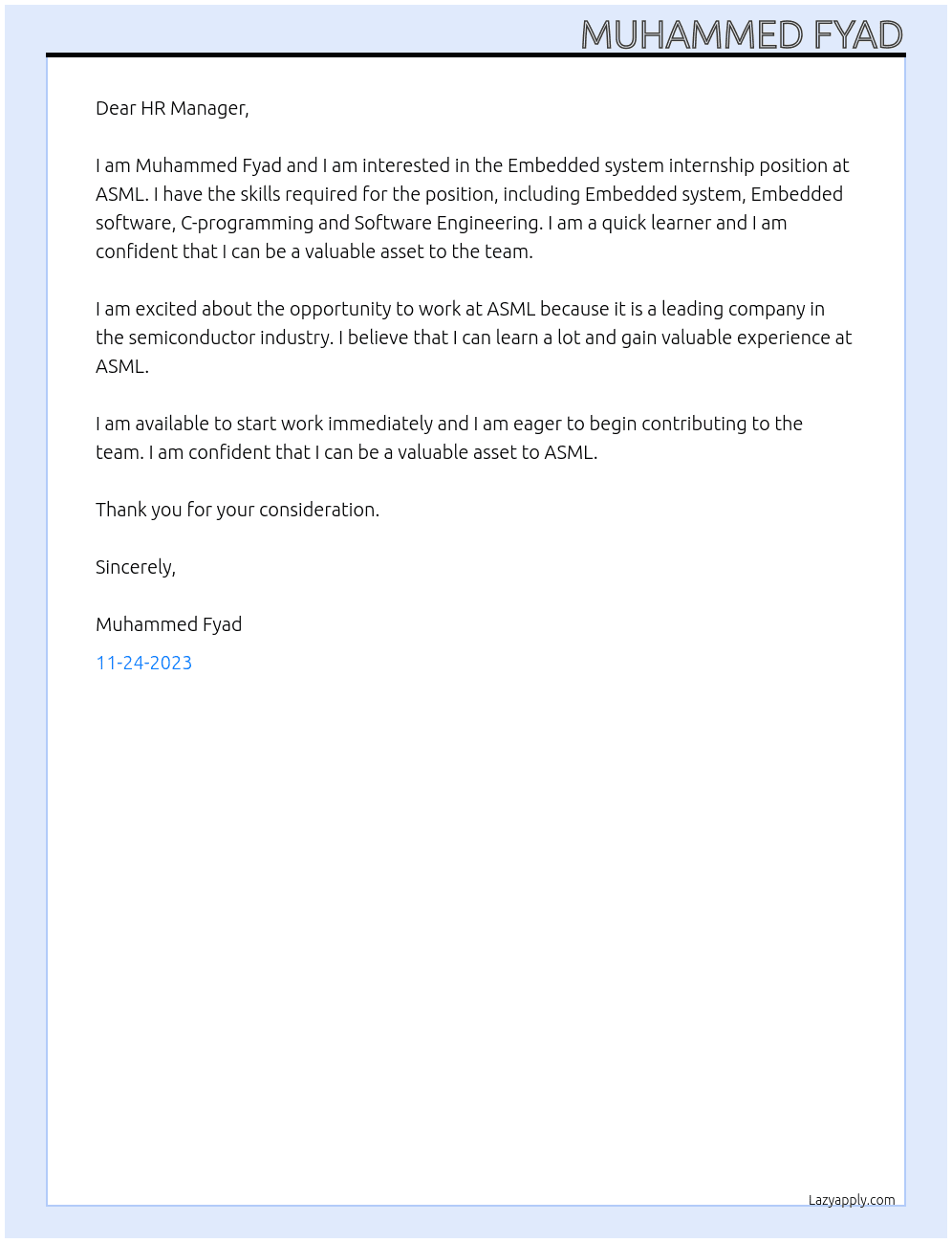 Embedded system internship  At ASML Cover Letter