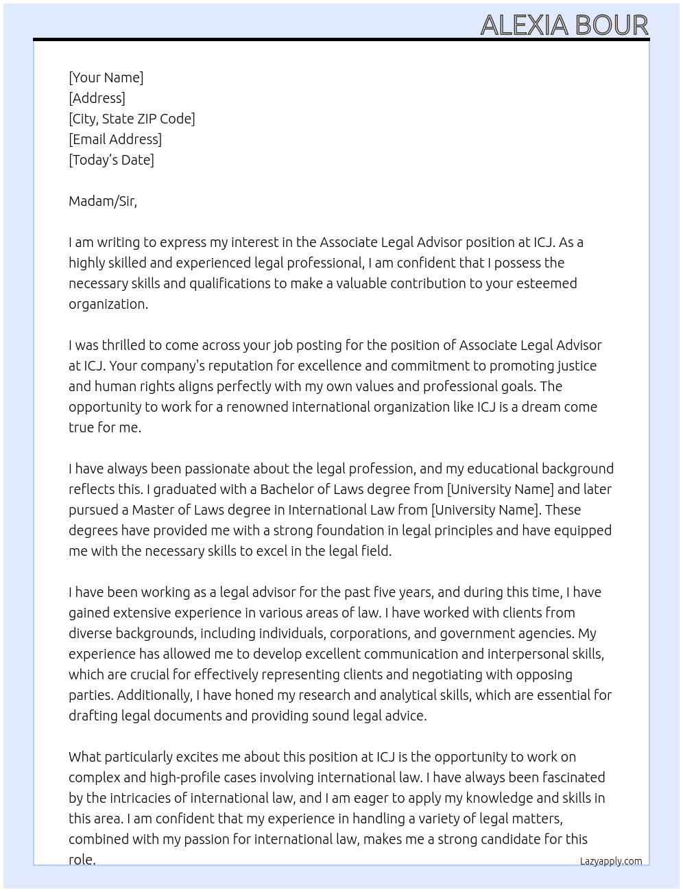 associate legal advisor At ICJ  Cover Letter