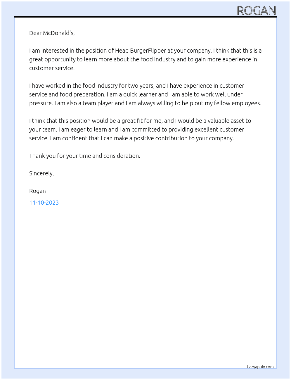Head BurgerFlipper At Mcds Cover Letter