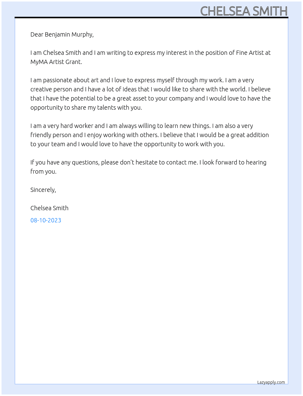 Fine Artist At MyMA Artist Grant Cover Letter