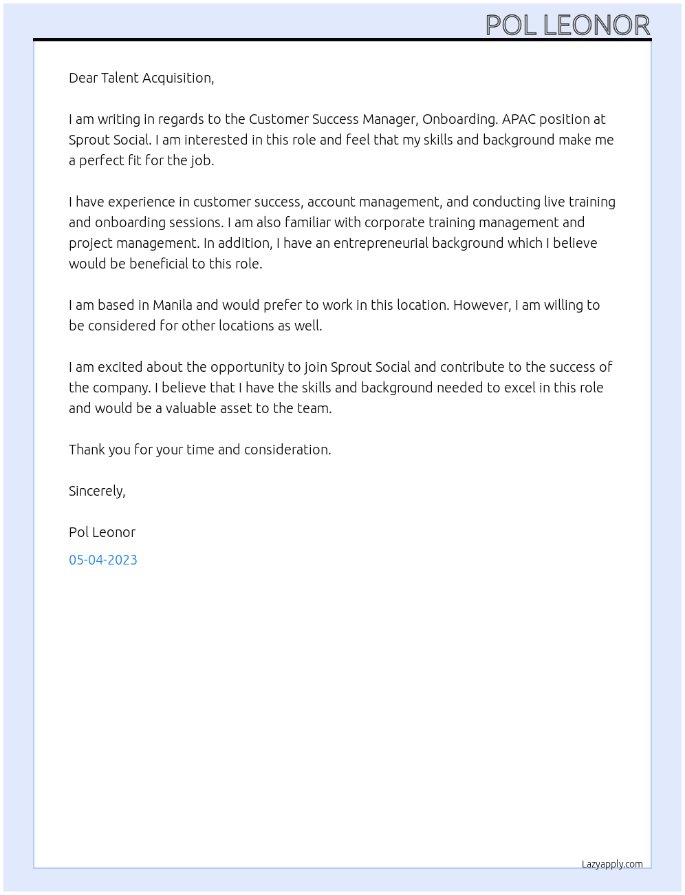 Customer Success Manager, Onboarding. APAC At Sprout Social Cover Letter