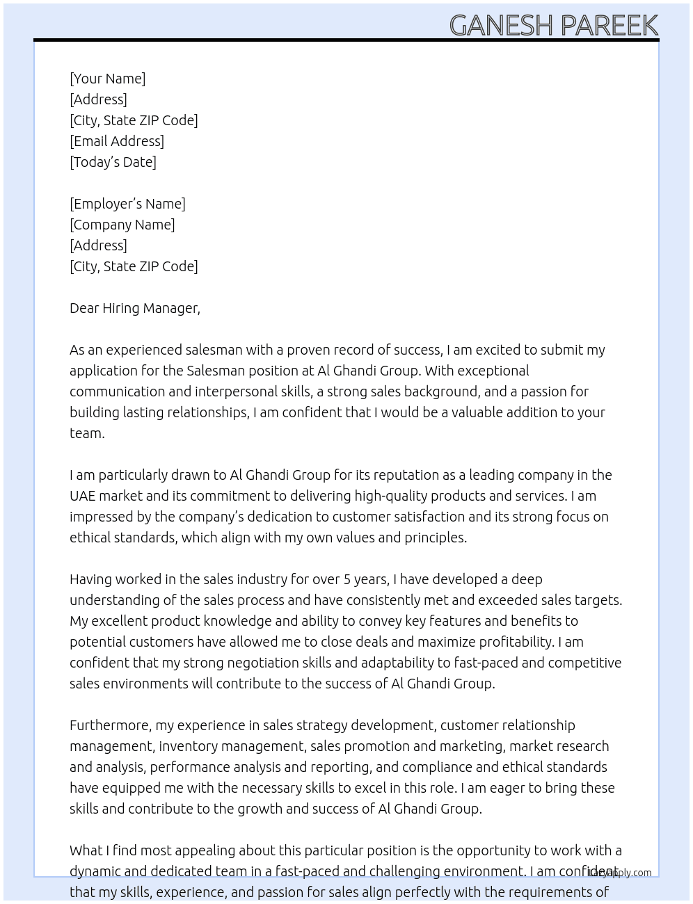 Salesman At Al Ghandi Group Cover Letter