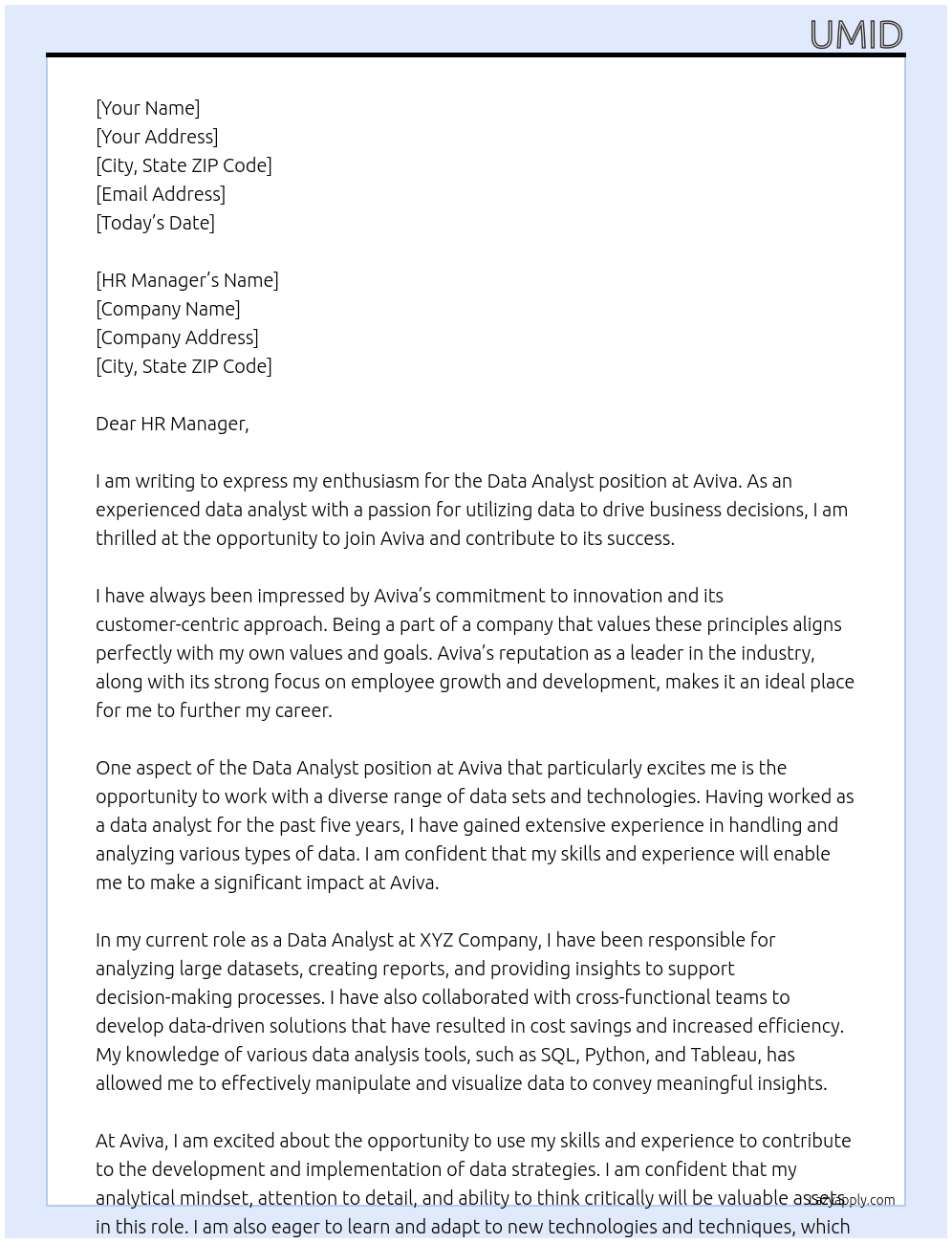 Data ANalyst At Aviva Cover Letter