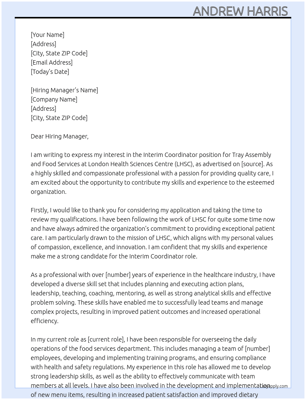 Cover letter for interim coordinator, tray assembly and food services - LazyApply