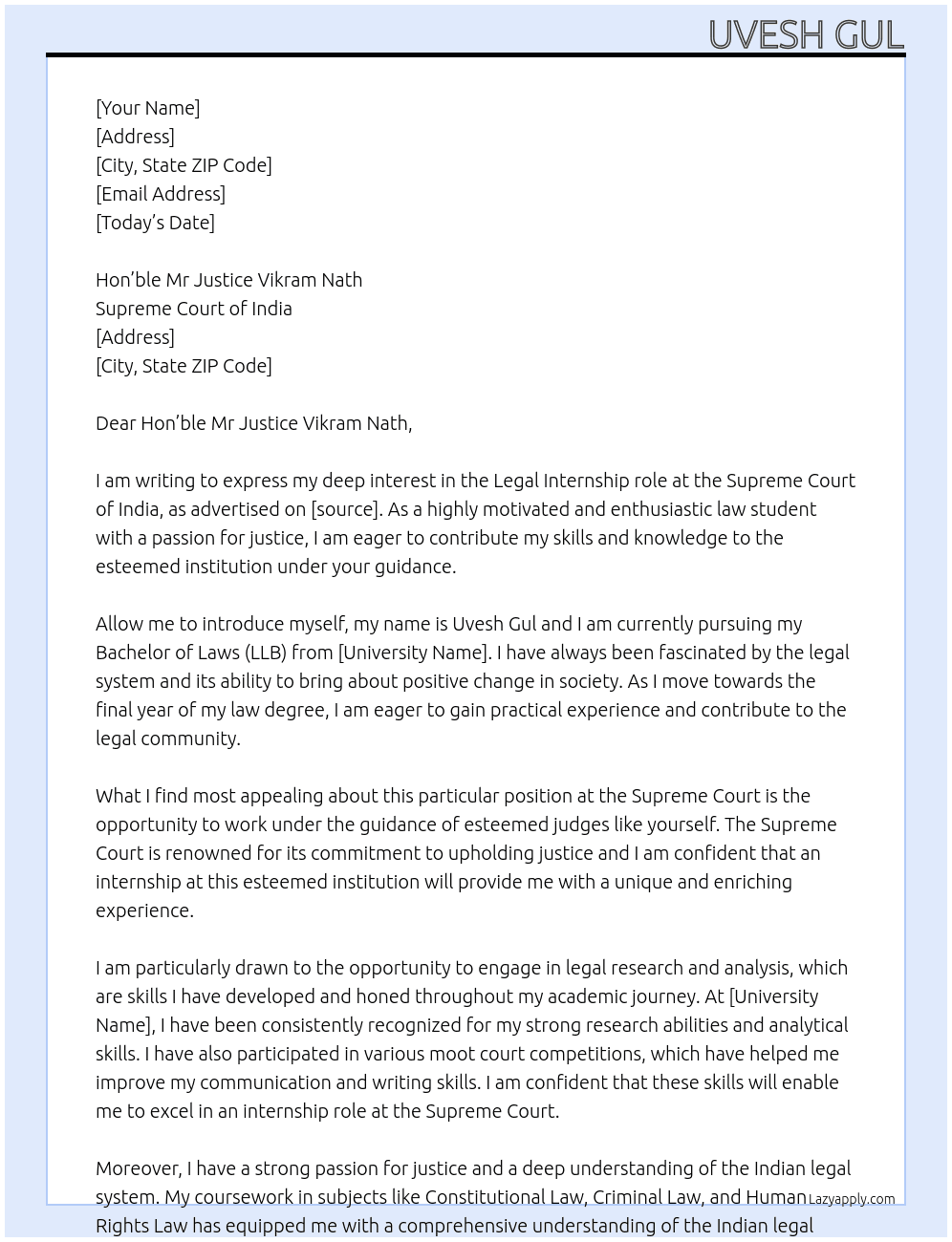 Legal Intern At Supreme Court of india Cover Letter