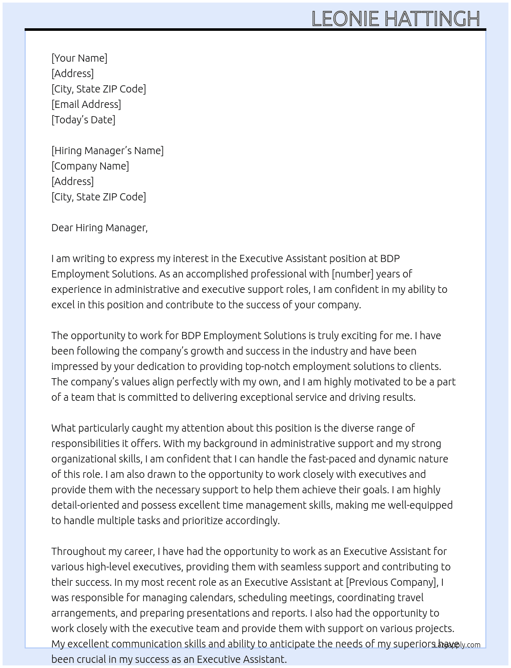 Executive assistance At BDP EMPLOYMENT SOLUTIONS Cover Letter