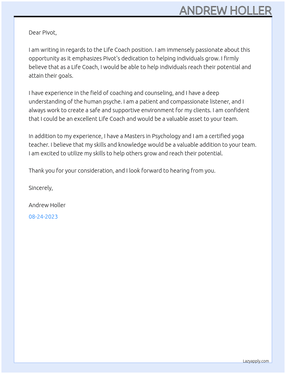 Life Coach At Pivot Cover Letter