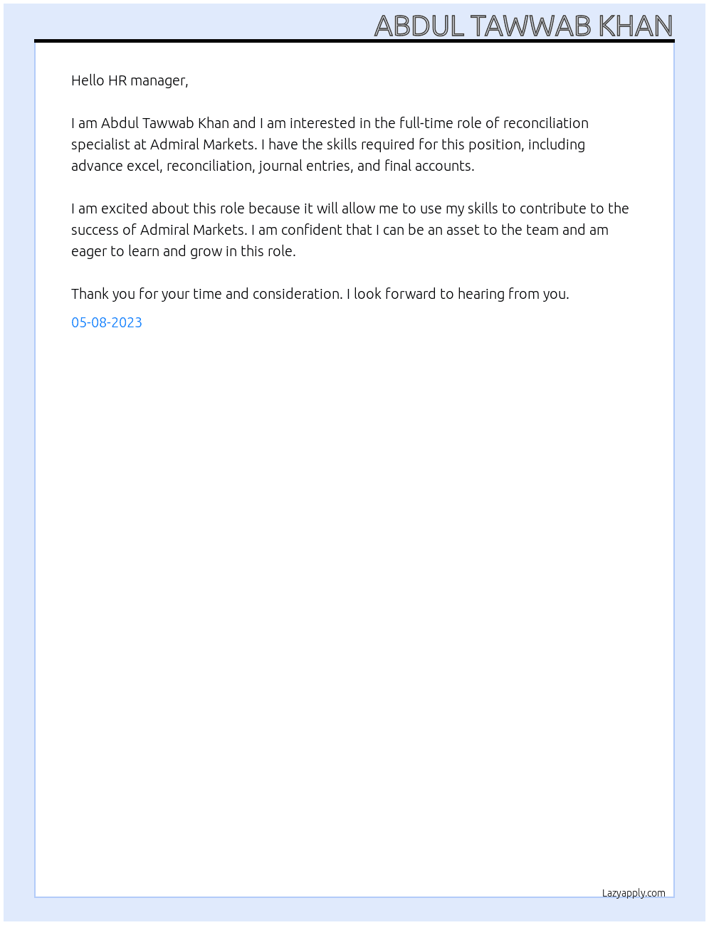 Reconciliation specialist At Admiral Markets Cover Letter
