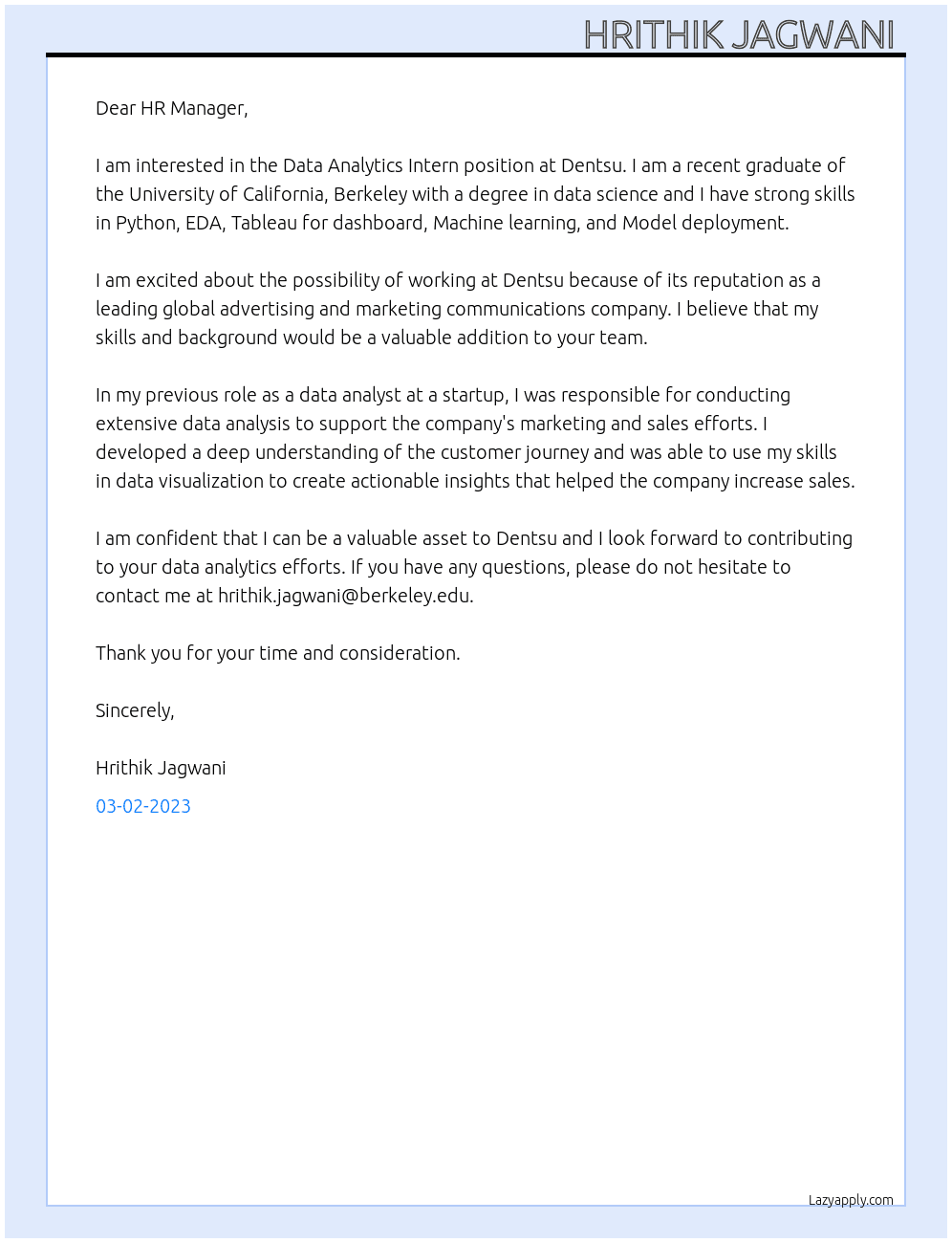 Data Analytics Intern At Dentsu Cover Letter