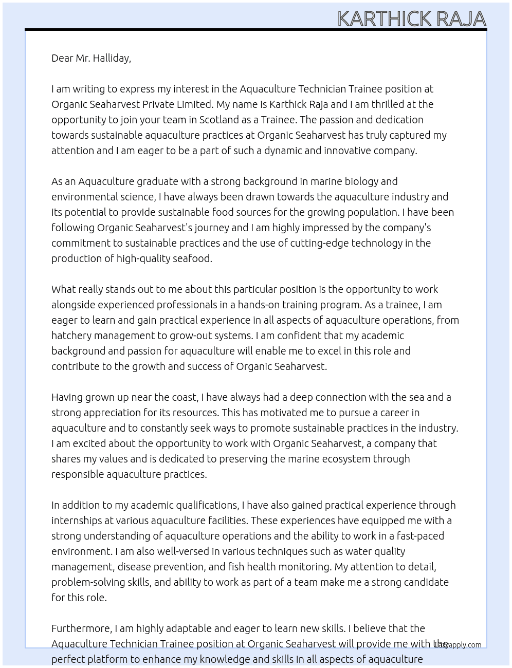 Aquaculture Technician trainee At Organic seaharvest private limited  Cover Letter