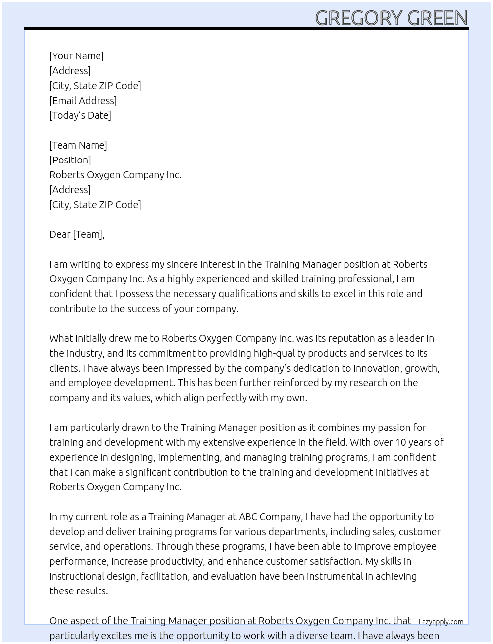 training manager At Roberts Oxygen Company Inc Cover Letter