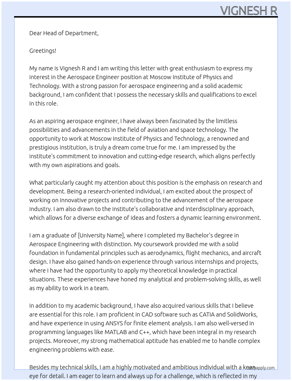 Aerospace engineer At Moscow institute of physics and technology Cover Letter