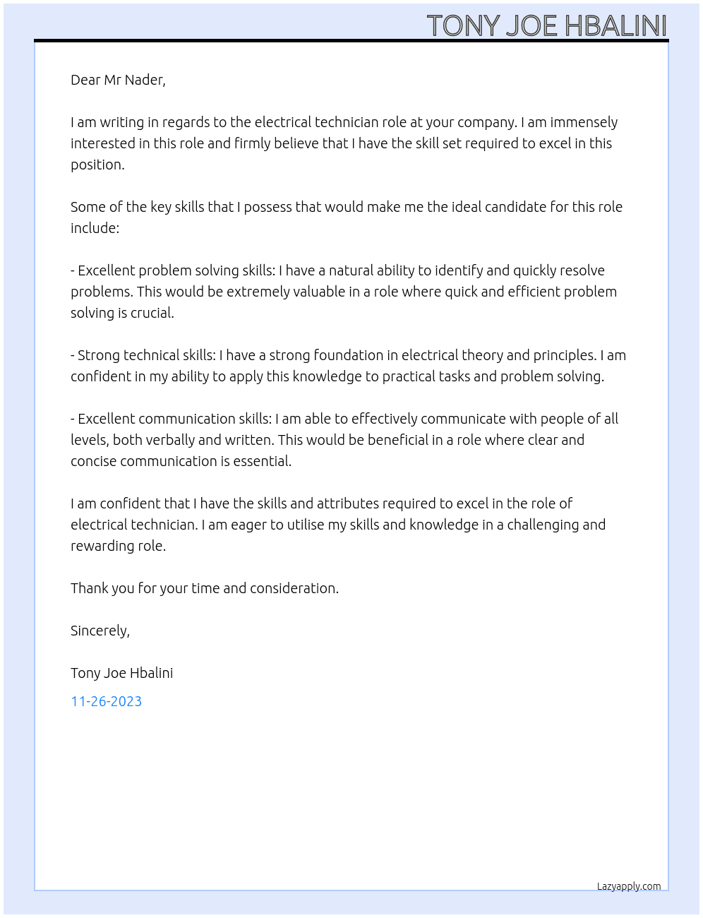 Electrical technician  At Mr Bassel Nader Cover Letter