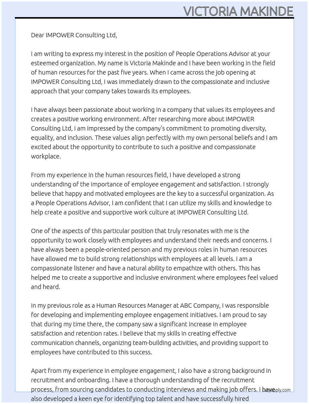 People Operations Advisor At IMPOWER Consulting Ltd Cover Letter