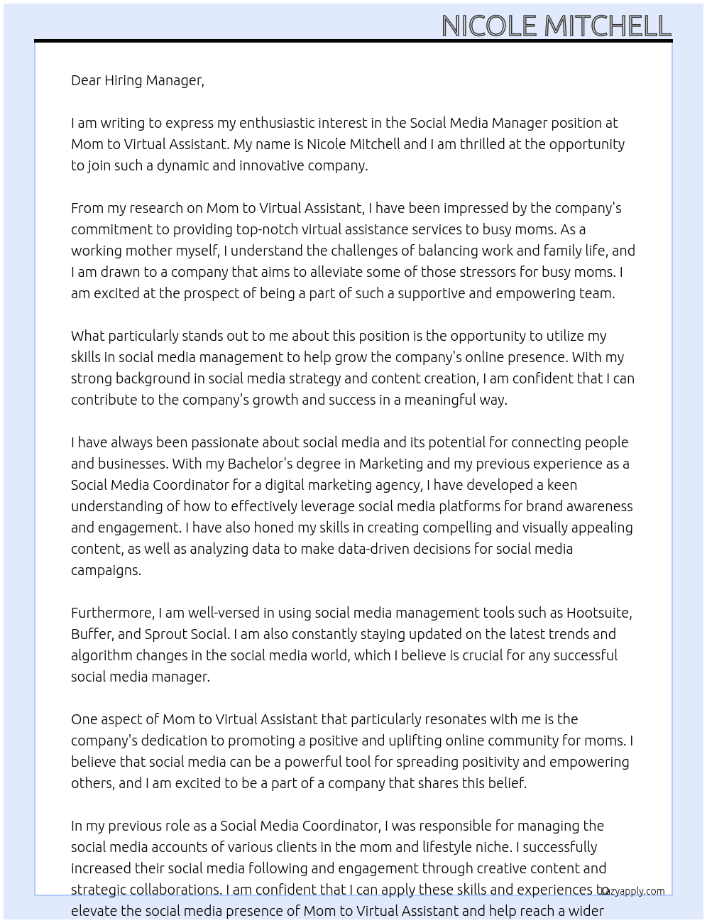 Social Media Manager At Mom to virtual assistant Cover Letter