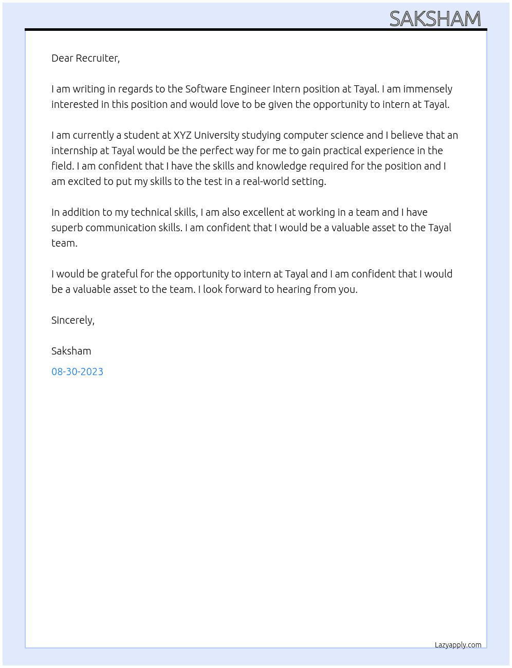 Software Engineer Intern At Tayal Cover Letter