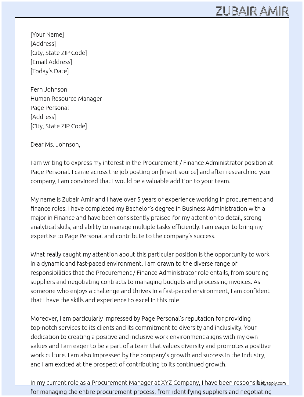 Procurement / Finance Administrator  At Page personal Cover Letter