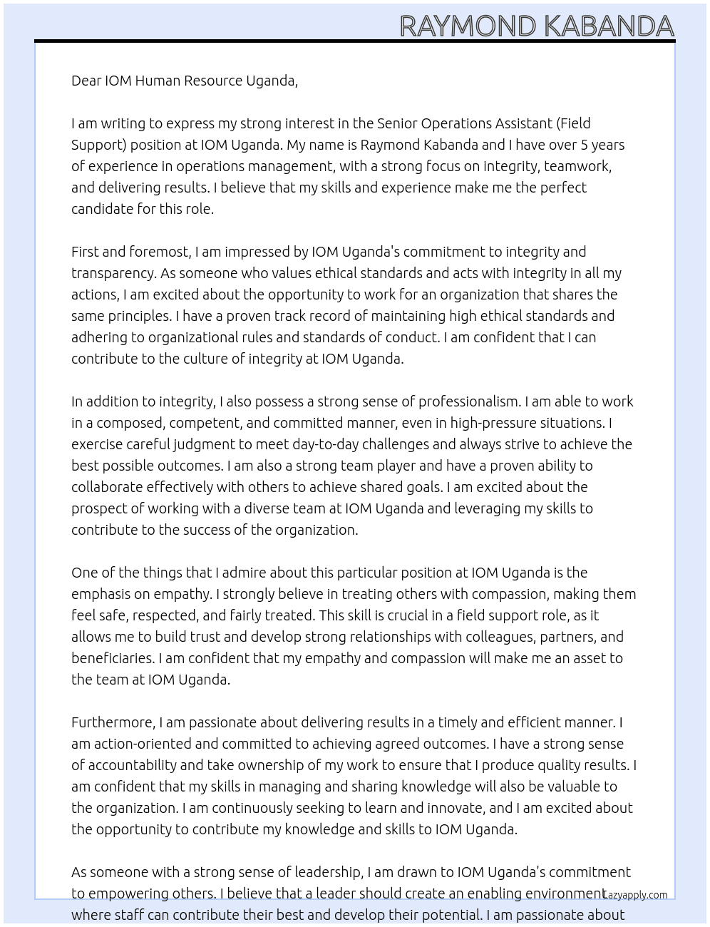 Senior Operations Assistant (Field Support) At IOM Uganda Cover Letter