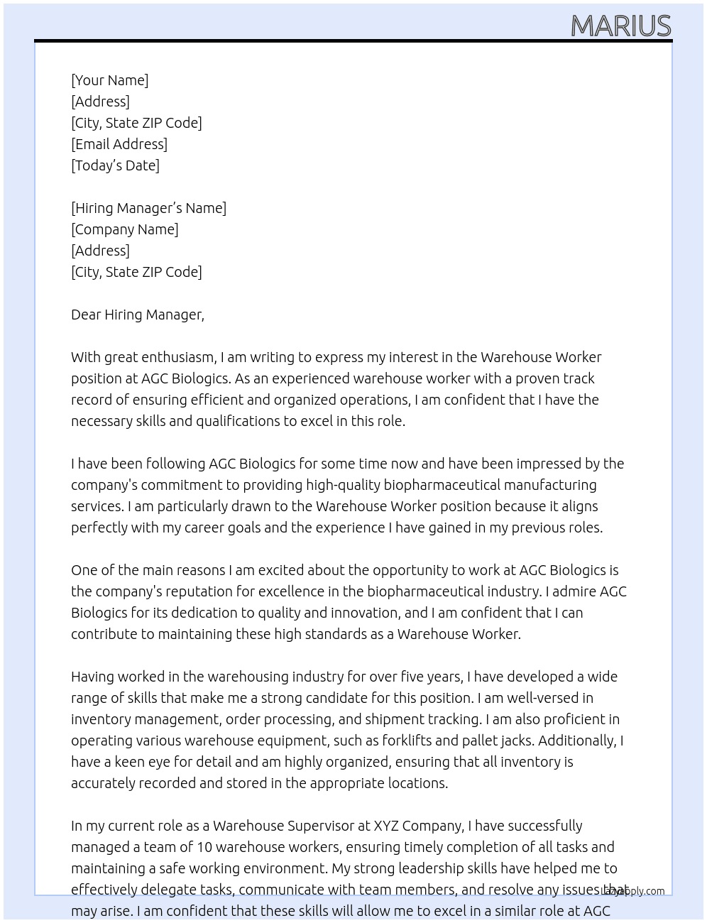 Warehouse worker At AGC Biologics Cover Letter