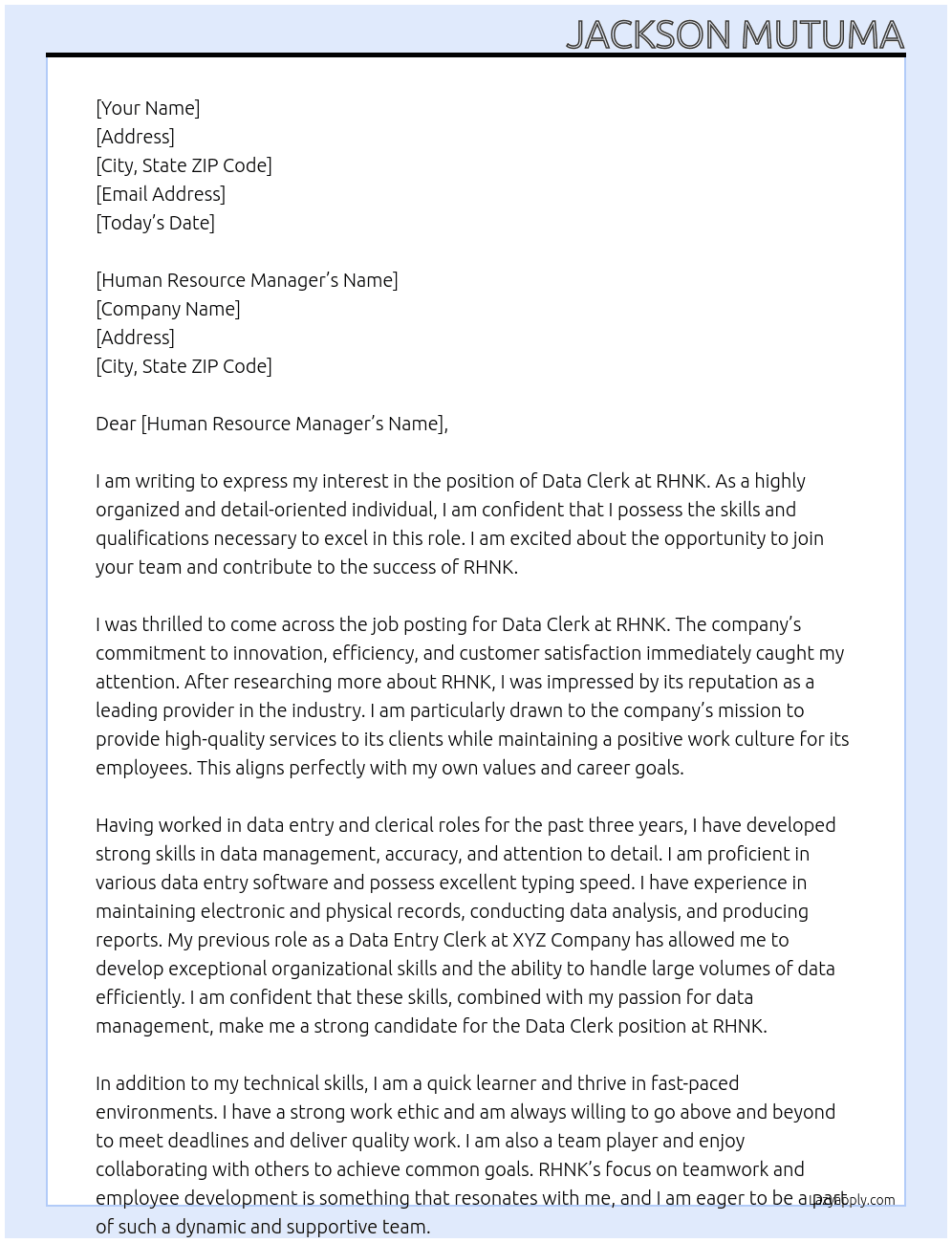Data Clerk At RHNK Cover Letter