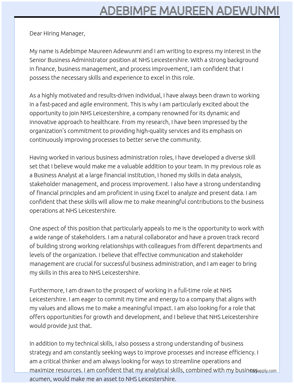 Senior Business Administrator At NHS LEICESTERSHIRE Cover Letter