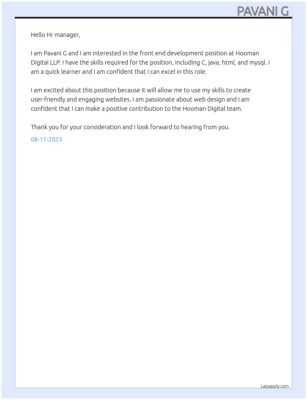 Front end development  At Hooman Digital LLP Cover Letter