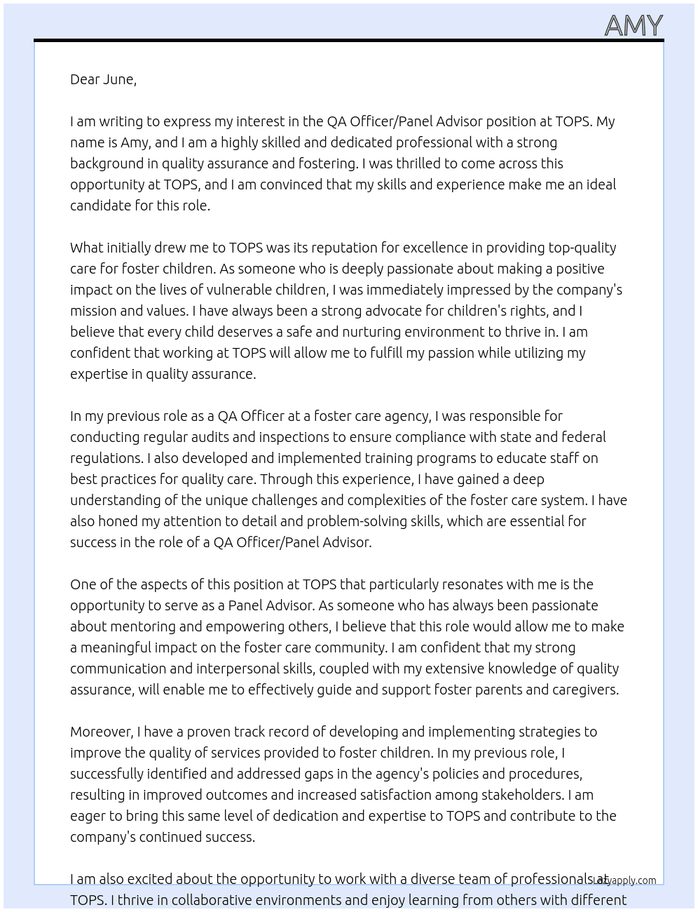 QA Officer / Panel Advisor (Fostering) At tops Cover Letter