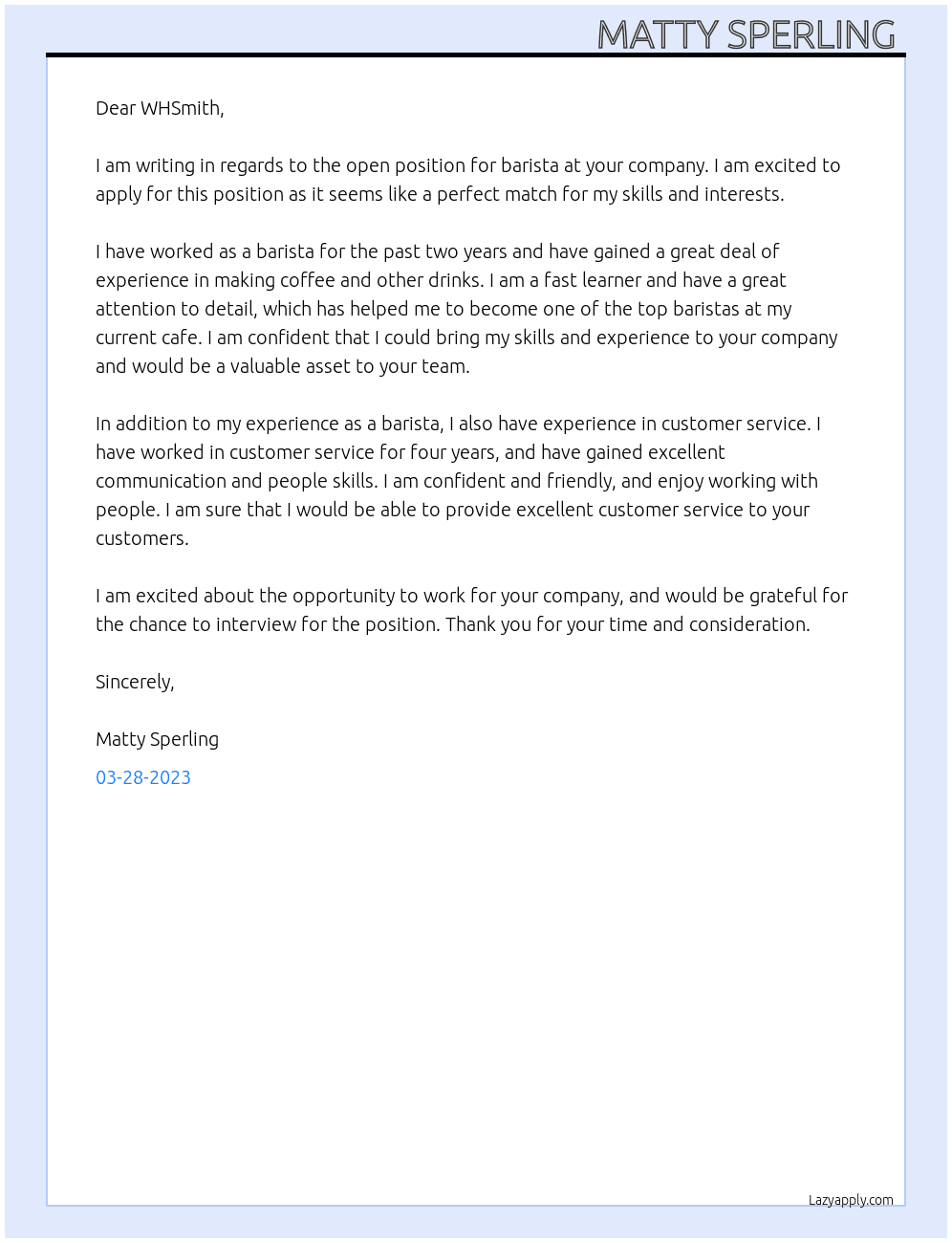 barista At WHSmith Cover Letter