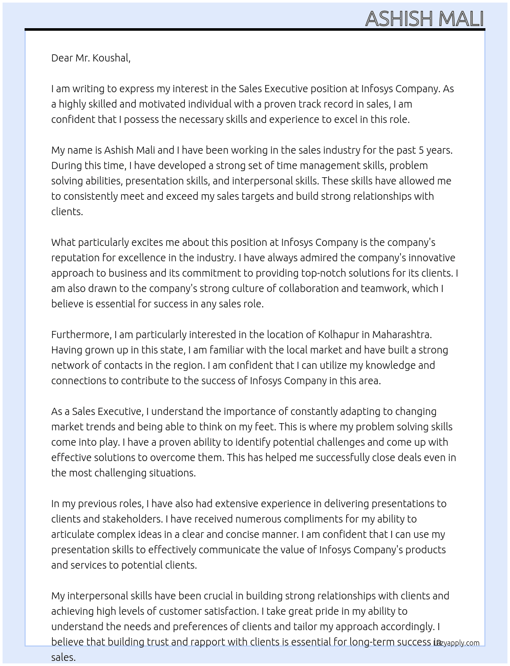 sales executive At infosys company Cover Letter