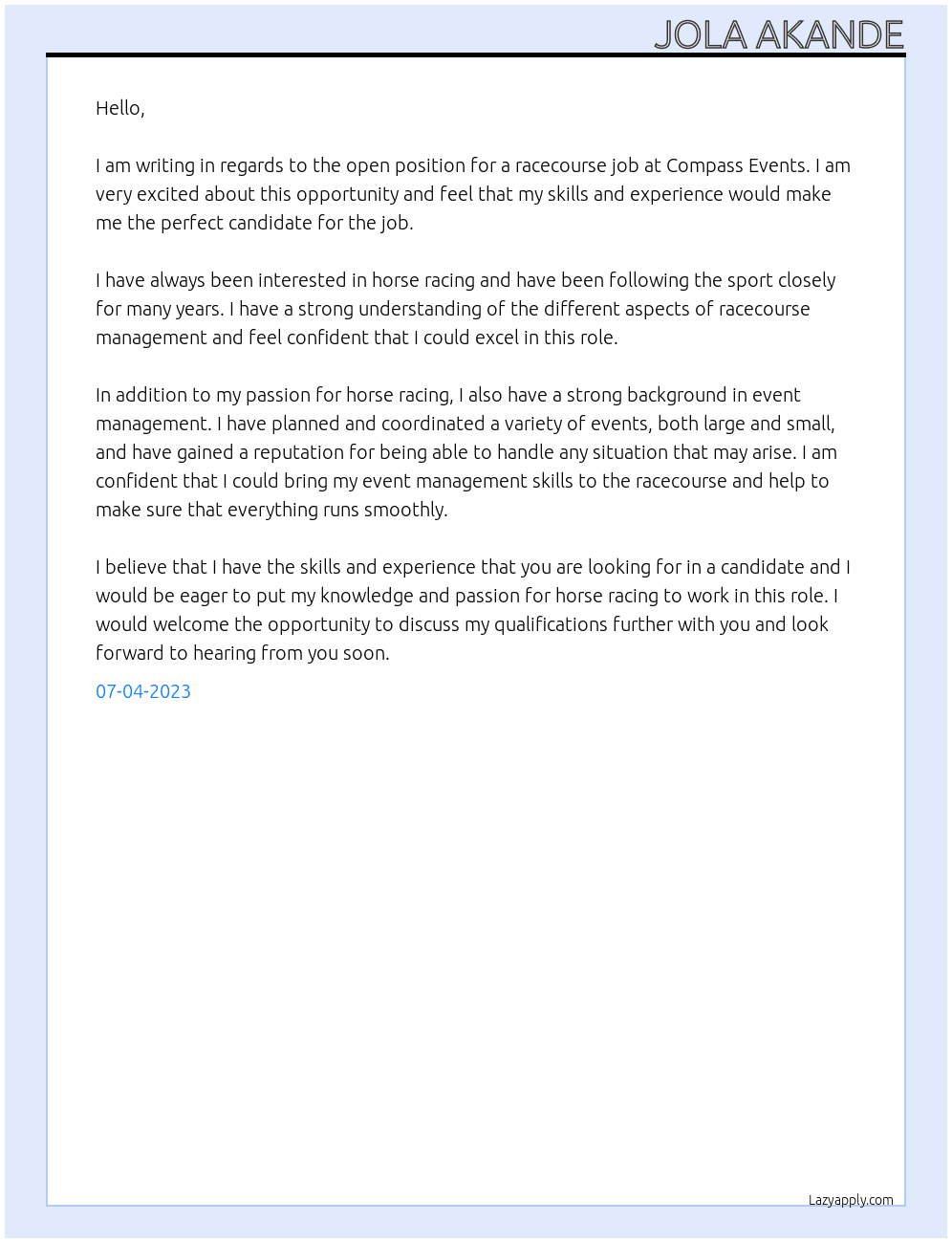 Racecourse jobs At Compass events jobs Cover Letter