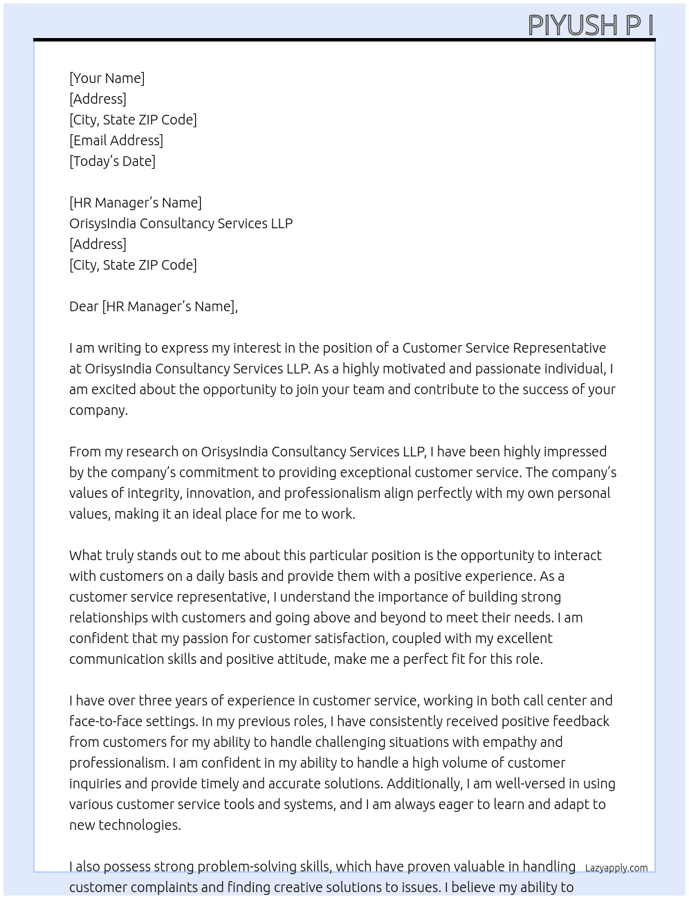 customer service representative  At OrisysIndia Consultancy Services LLP Cover Letter