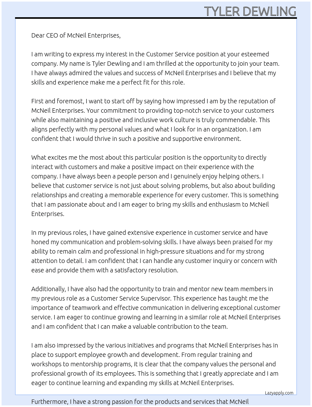Customer service At McNeil Enterprises Cover Letter