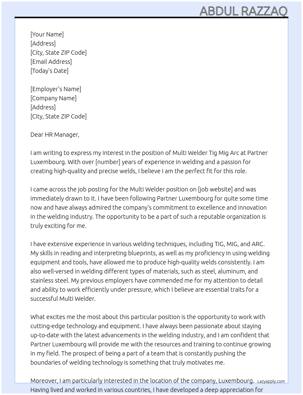 Multi welder tig mig arc At Partner Luxembourg Cover Letter