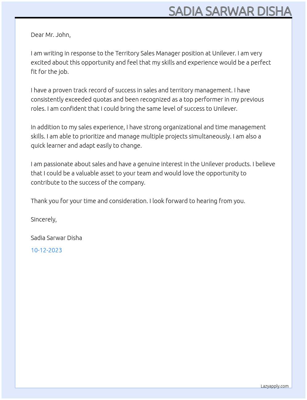 Territory Sales Manager  At Unilever Cover Letter
