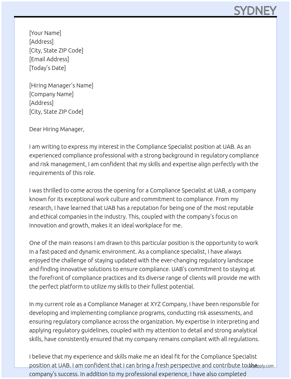 Compliance Specialist  At UAB Cover Letter