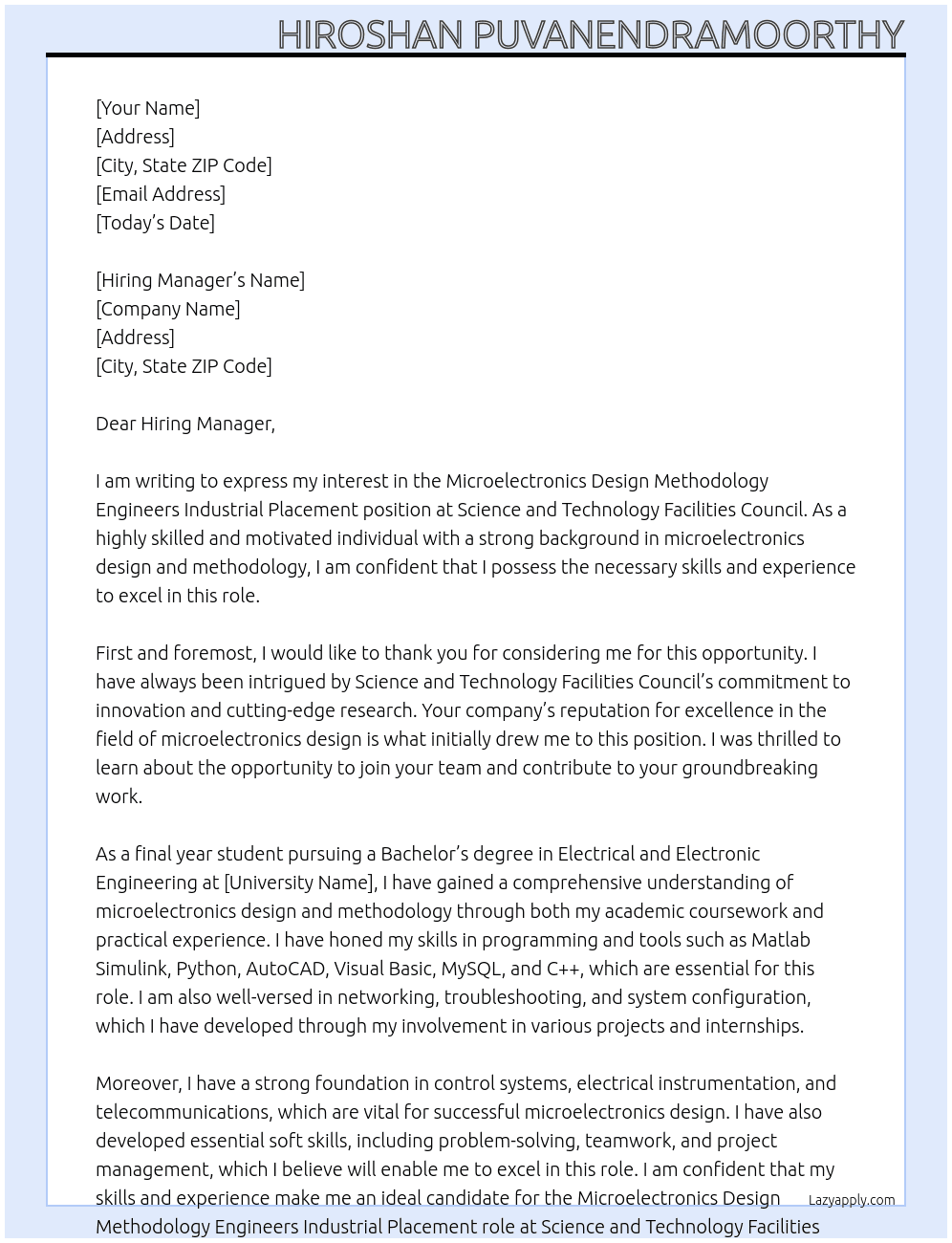 Microelectronics Design Methodology Engineers Industrial Placement At Science and Technology Facilities Council Cover Letter
