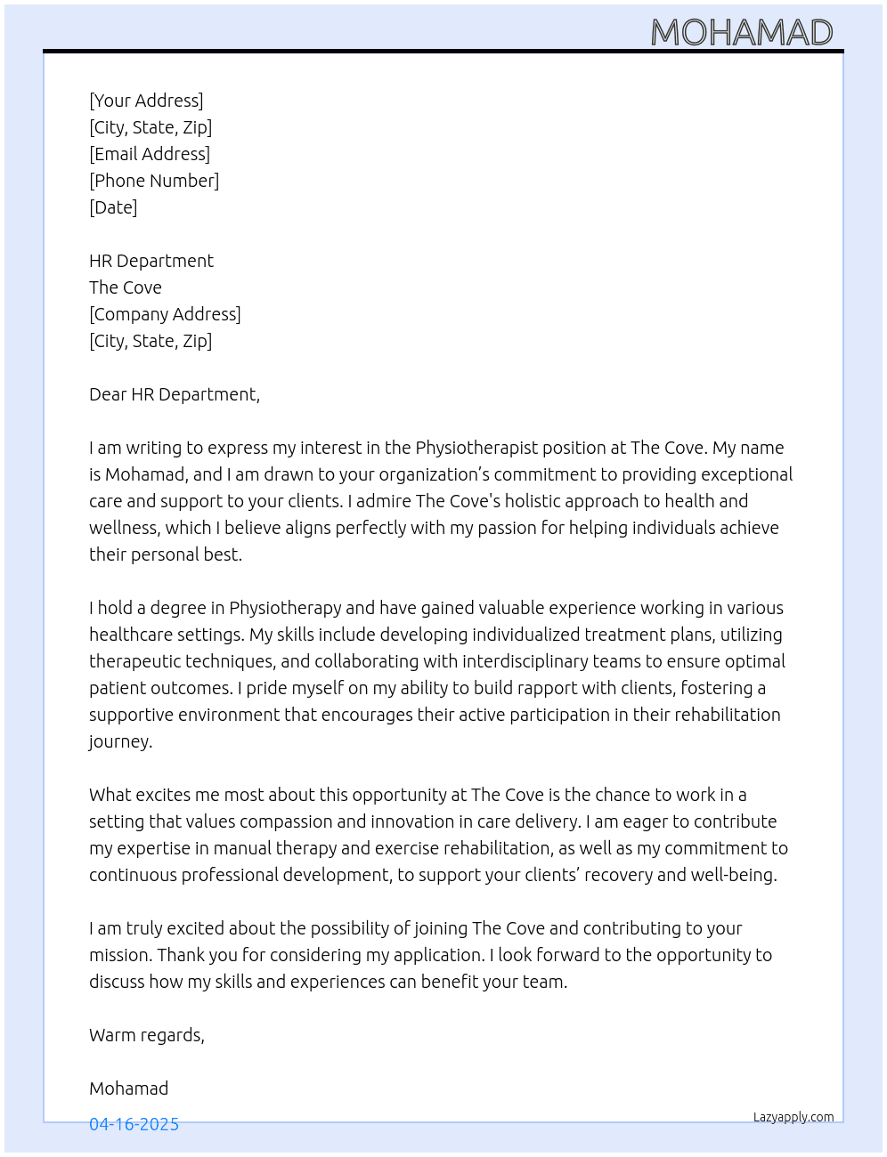 Physiotherapist  At The Cove Cover Letter