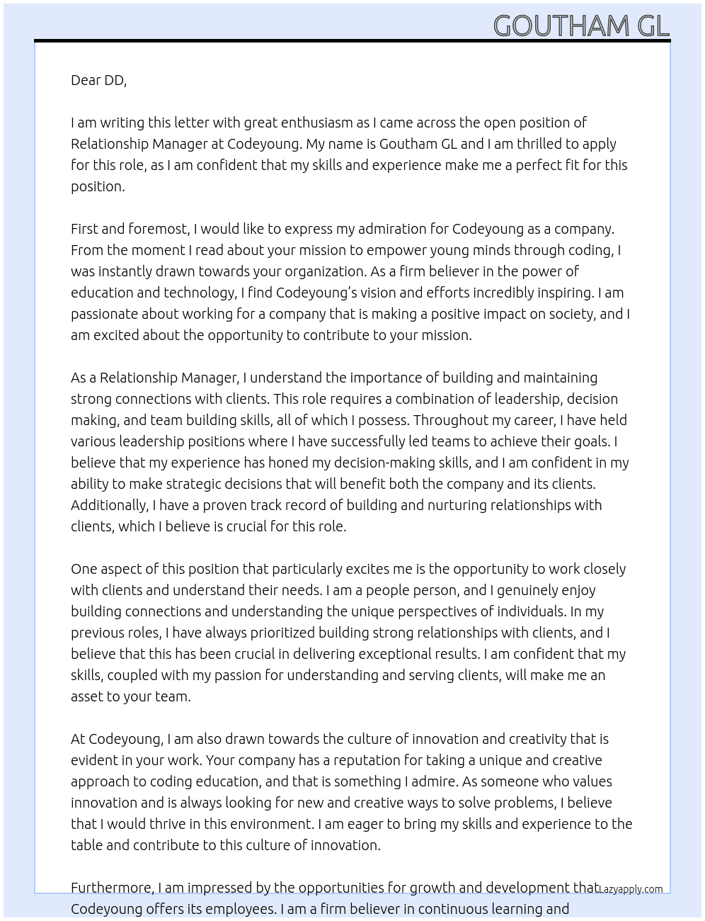 Relationship Manager At Codeyoung Cover Letter