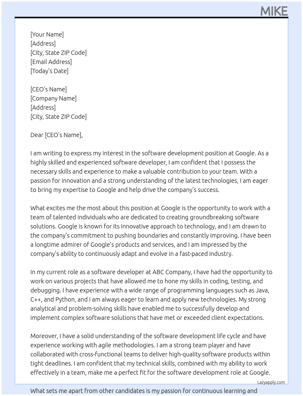 Software development  At Googke Cover Letter