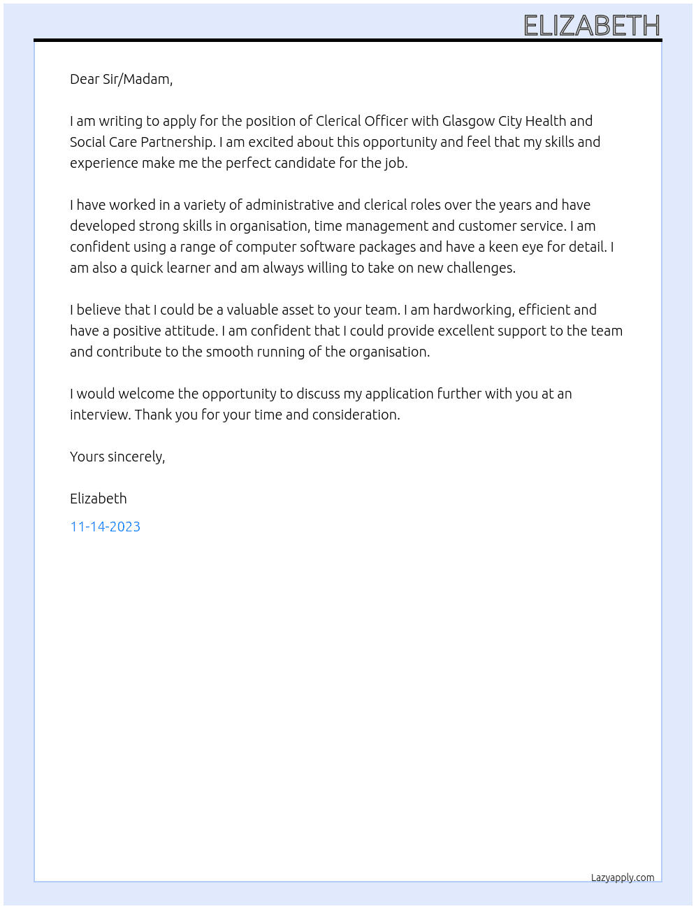 Clerical Officer At Glasgow City Health and Social Care Partnership Cover Letter