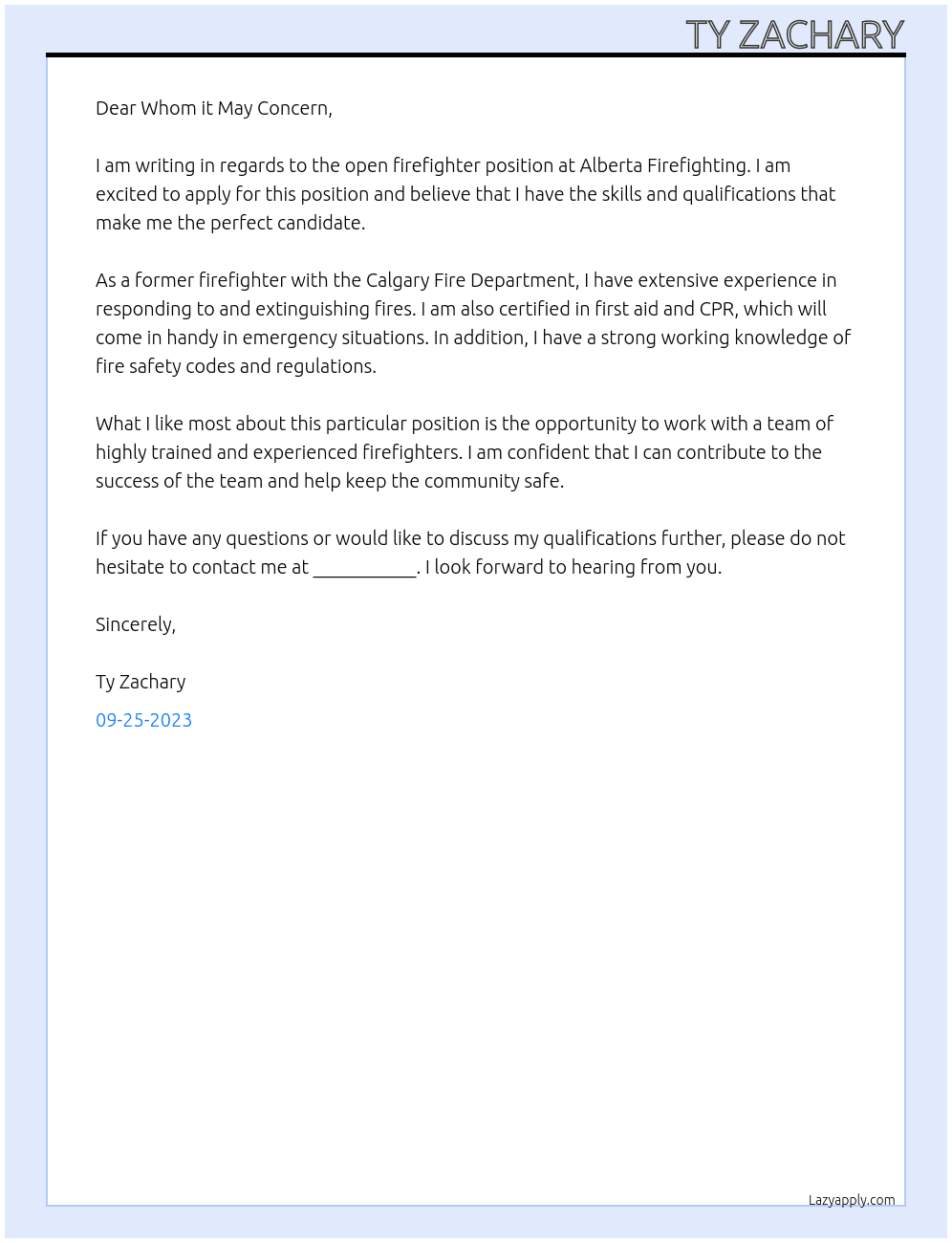 Firefighter At Alberta Firefighting Cover Letter
