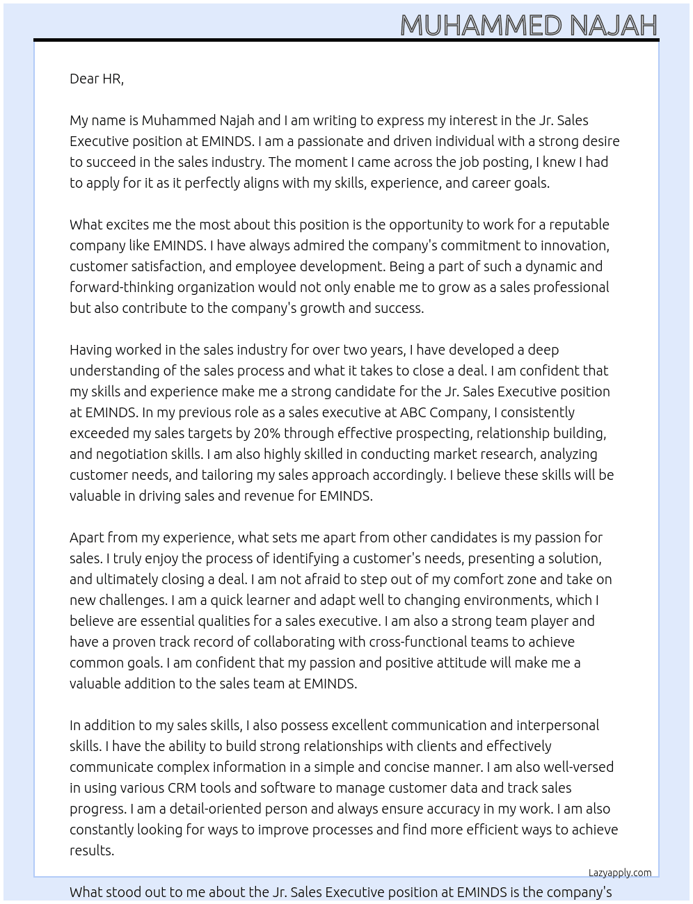Jr. Sales executive At EMINDS Cover Letter