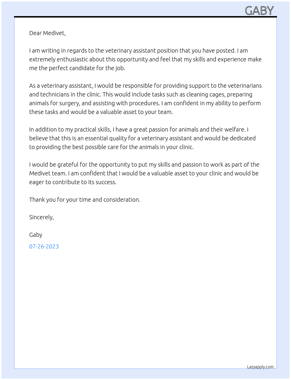 Veterinary assistant  At Medivet  Cover Letter